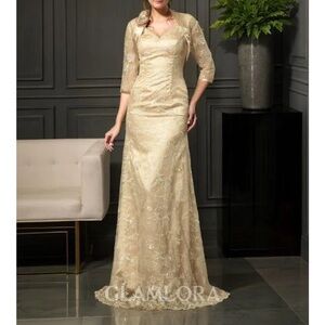 Elegant Golden Cream Lace Evening Gown